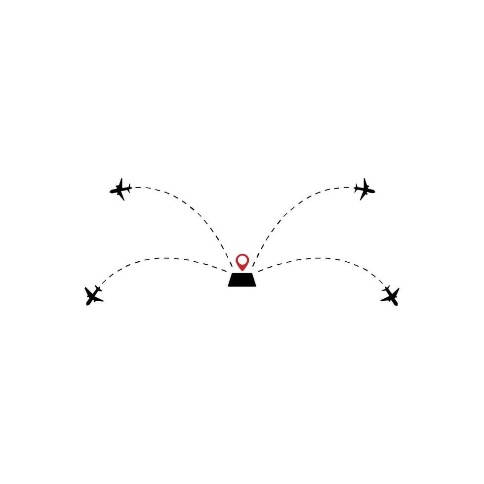Plane track to point with dashed line way or air lines, airplane icon vector