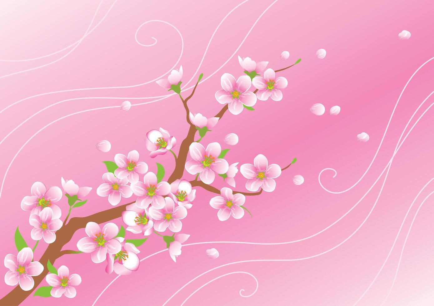 Blossoming Branch with Flying Petals on a Pink Background Artwork vector