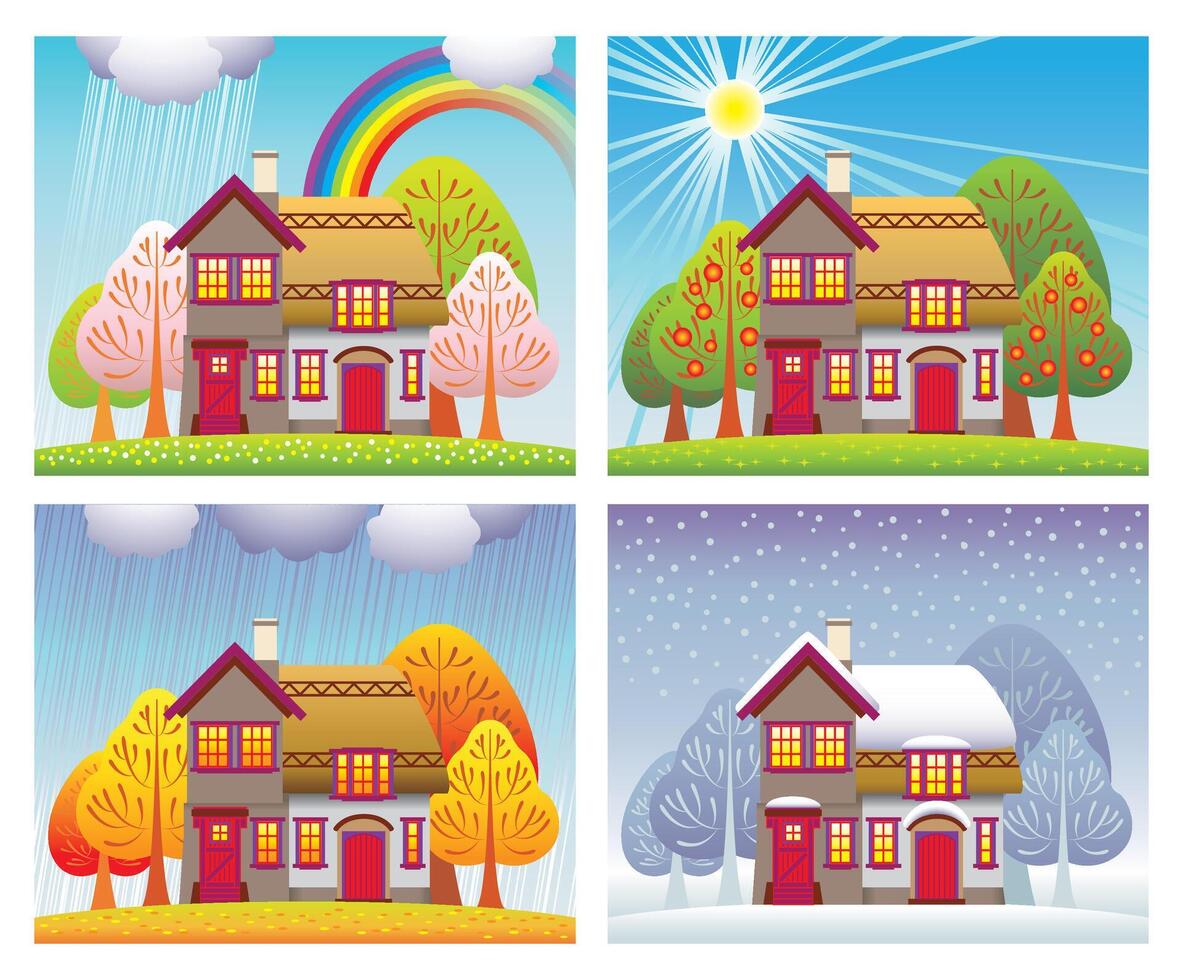 Cottage in four seasons - Spring, Summer, Autumn and Winter vector