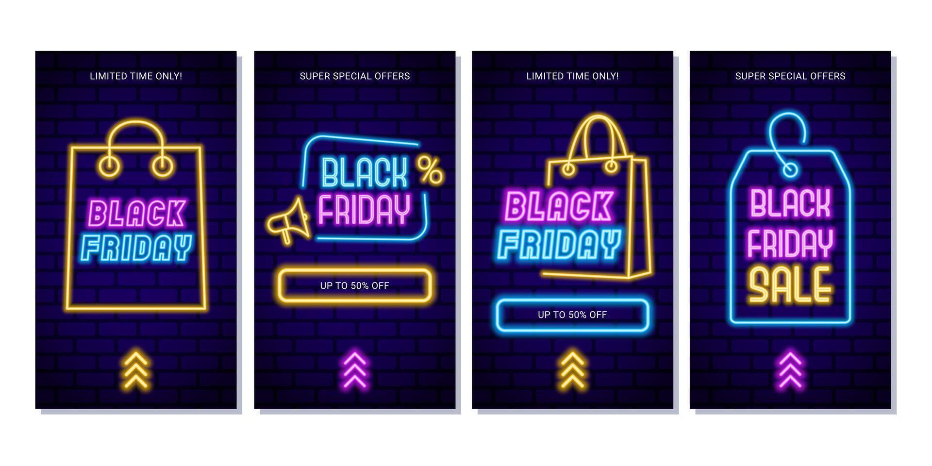 Set of vertical banners for Black Friday stories. banners with neon design for promoting sales, retail events, and special discounts with a vibrant, eye catching style vector