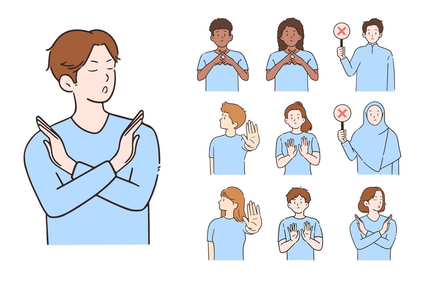 set of male and female with a refusal pose illustration vector