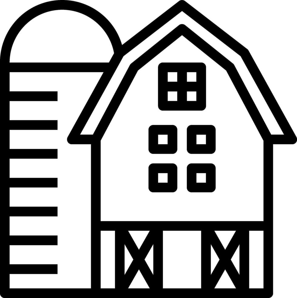 A black and white illustration of a barn and silo vector