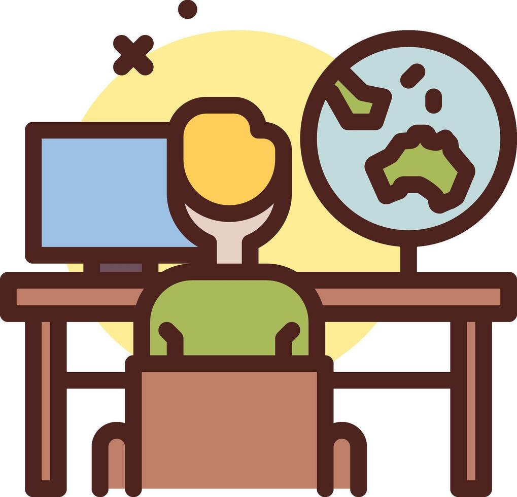 A person sitting at a desk with a globe on the screen vector