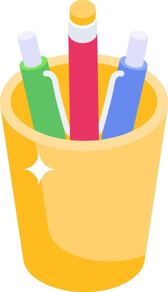 A yellow bucket with pens and markers in it vector
