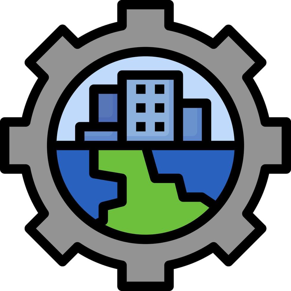 A city in a gear wheel with a green and blue building vector
