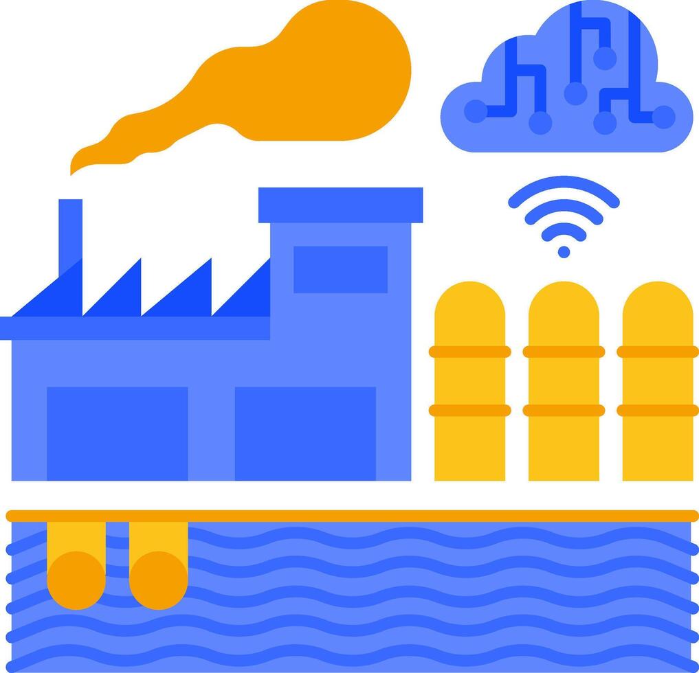 A blue and orange image of a factory, a cloud, and a wifi signal vector