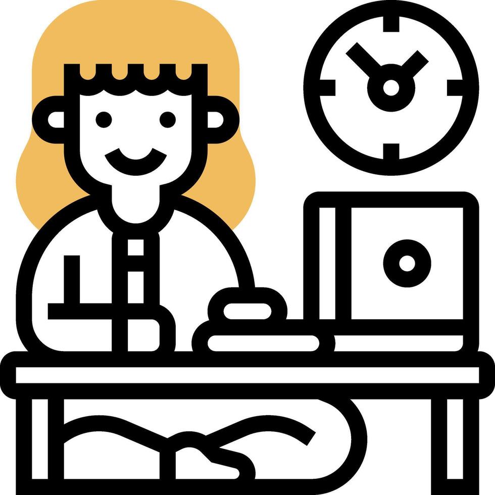A woman is sitting at a desk with a clock and a computer vector