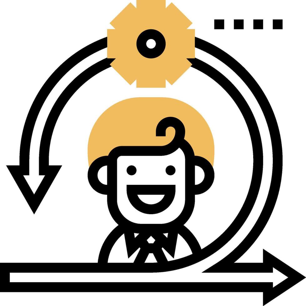 A man is standing in front of a clock with a yellow arrow pointing to the right vector