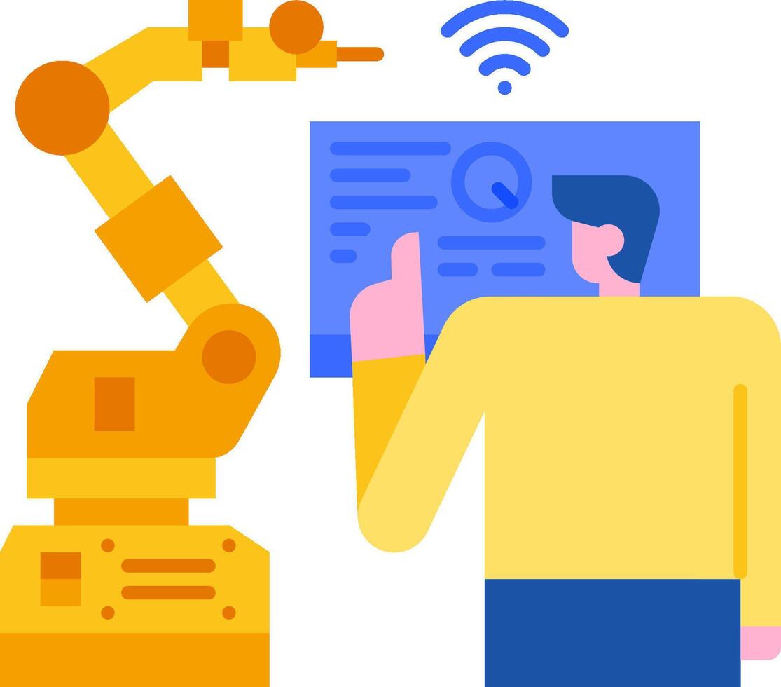 un robot es participación un tableta con un persona en frente de eso vector