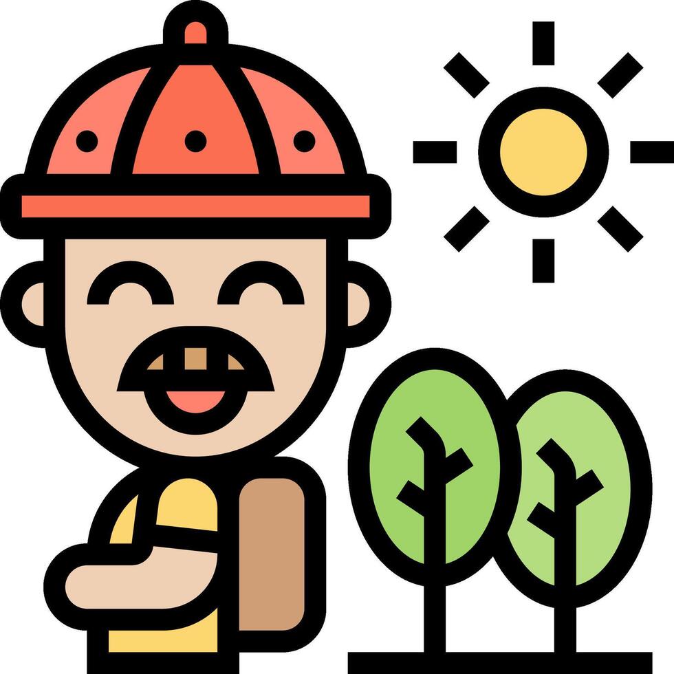A man with a hat and a backpack is standing in front of trees vector
