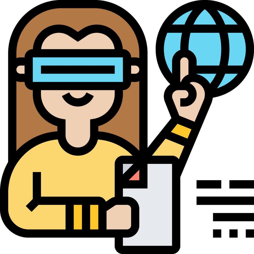A woman wearing a virtual reality headset holding a globe vector