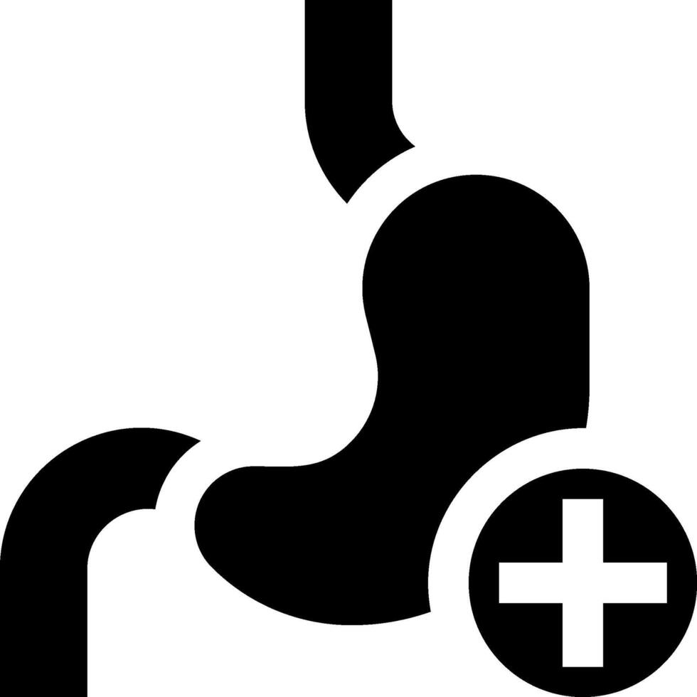 A black and white icon of a stomach and a plus sign vector