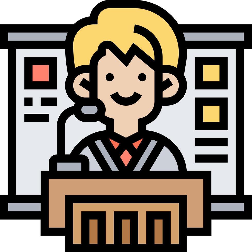 A cartoon man in a suit is sitting at a podium vector