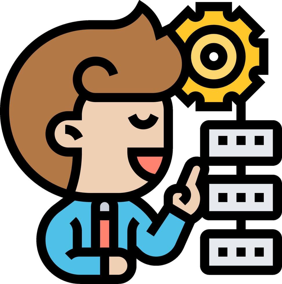 A cartoon man with a cogwheel and a stack of boxes vector