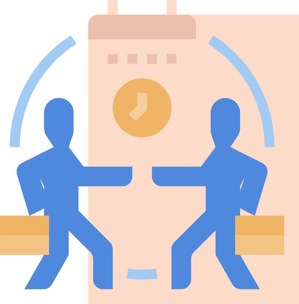 Two people shaking hands with a clock in the background vector