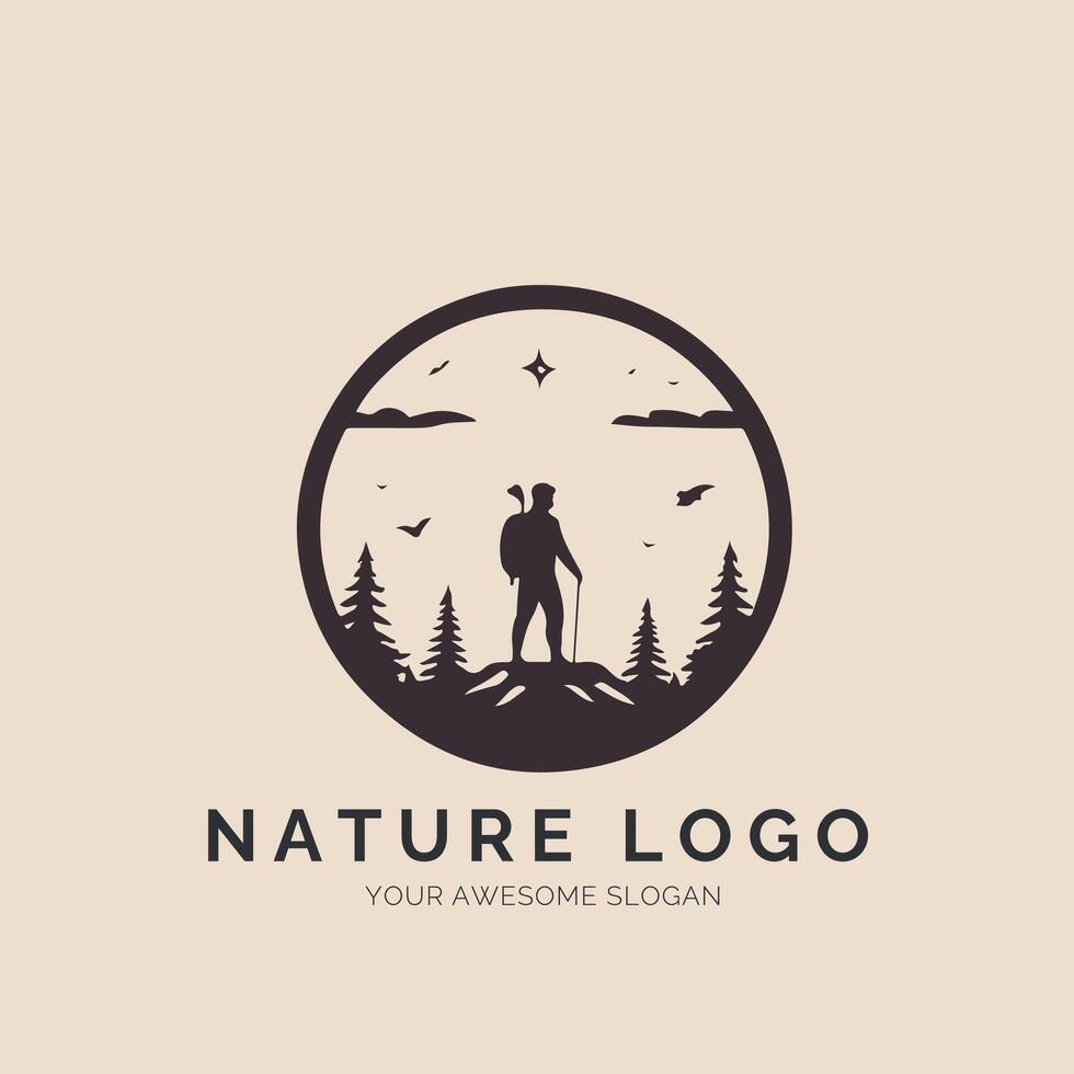 Nature logo design with a man hiking in the woods vector