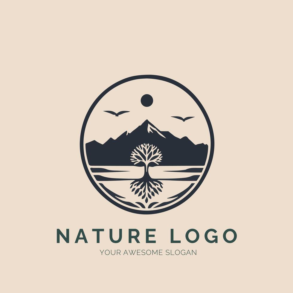 Nature logo design with a tree and mountains vector