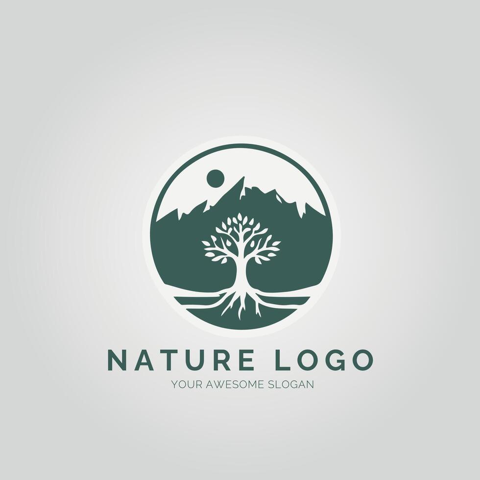 Nature logo design with tree and mountain vector