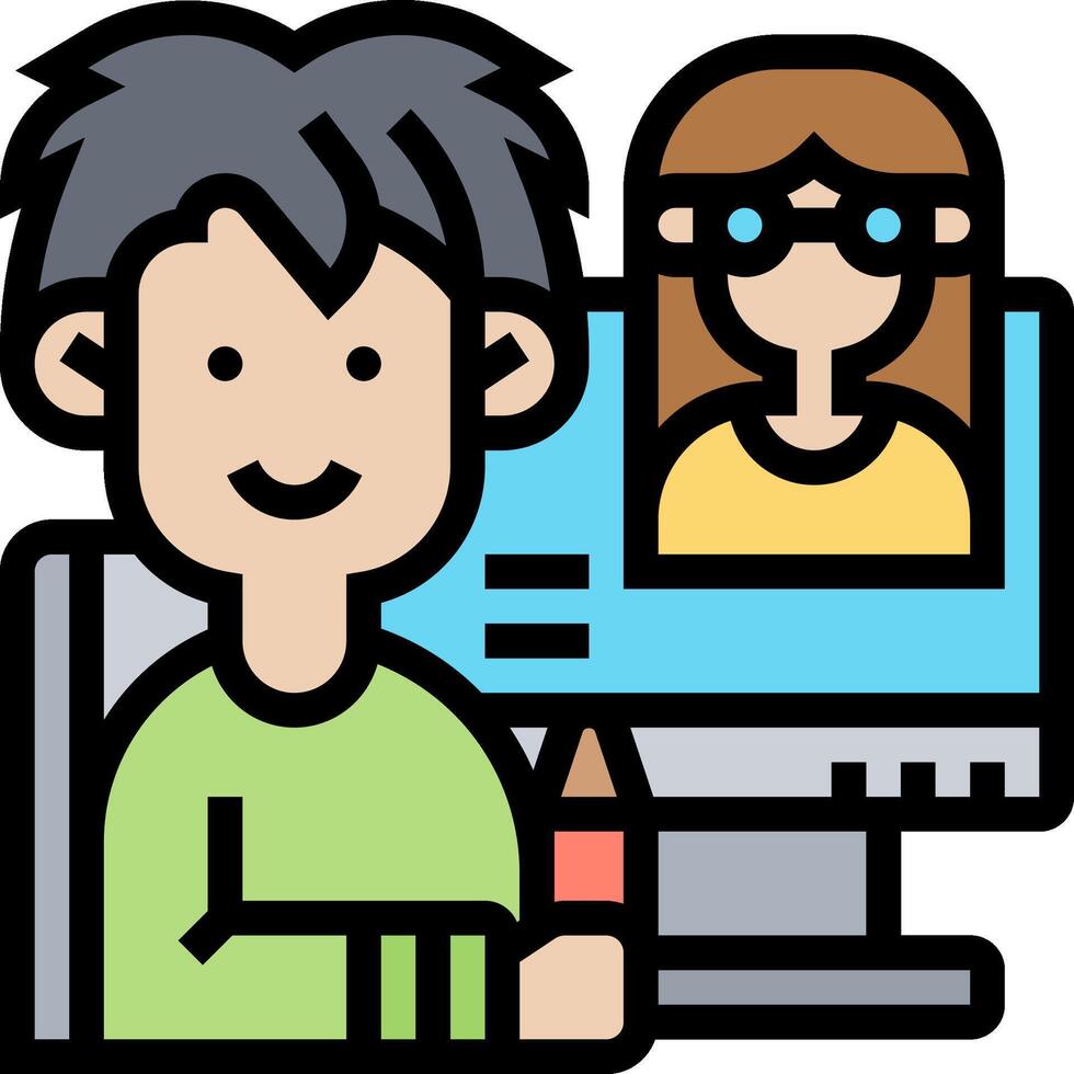 A man and woman are sitting at a computer vector