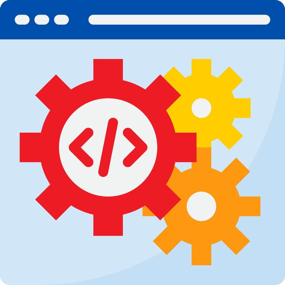 A computer screen with gears and a code symbol vector