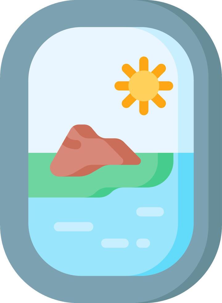 An airplane window with a view of a beach and a sun vector
