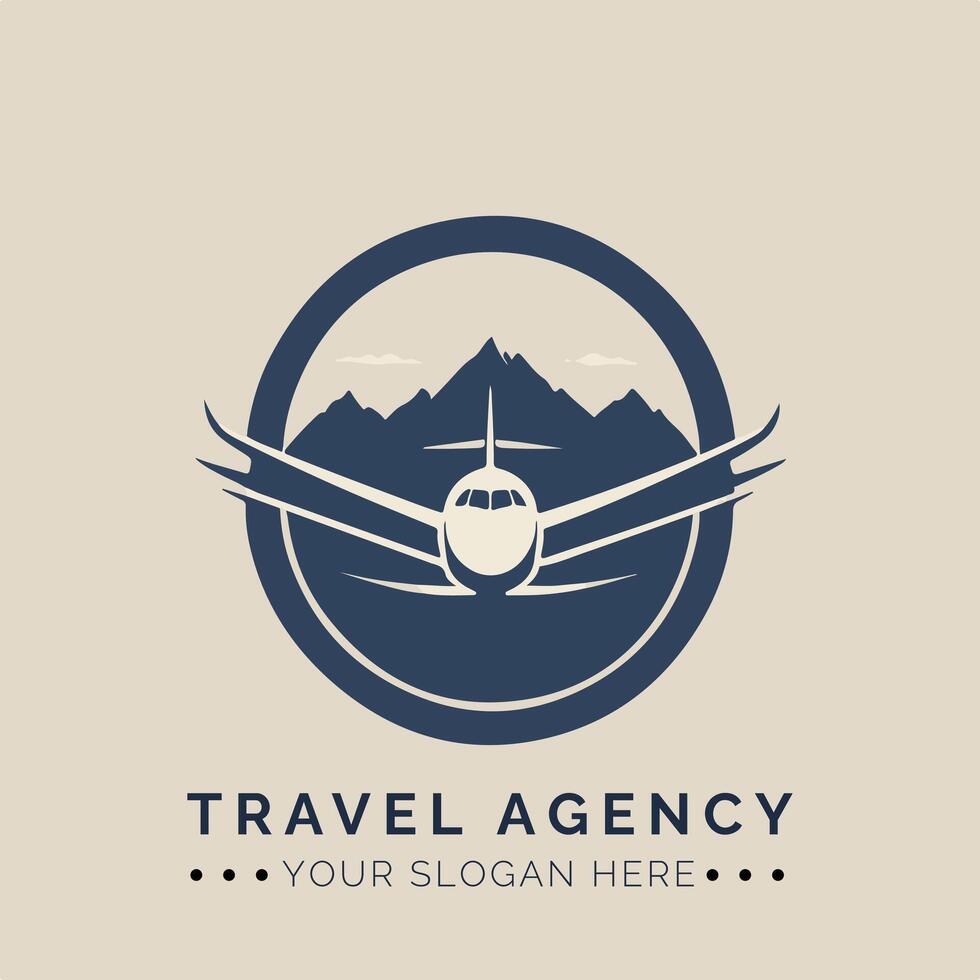 Travel agency logo template with airplane and mountains vector