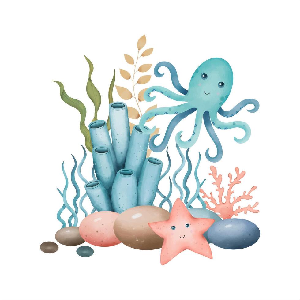 Sea composition with corals, stones, octopus. Underwater world. Watercolor vector
