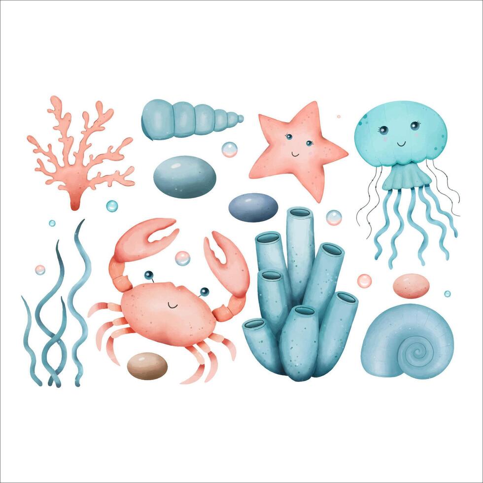 Set with sea animals, crab, jellyfish, algae, shells, starfish. Underwater world. Watercolor illustration vector