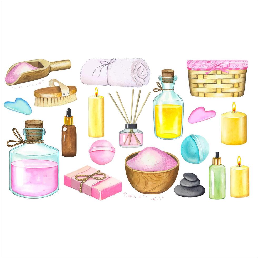 Spa set with body care cosmetics. Watercolor illustration vector