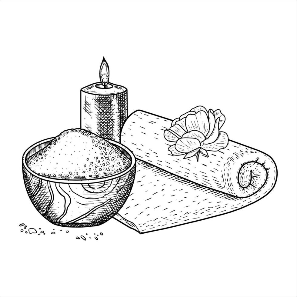 Spa composition with towel, candle, mortar with salt, rose. Hand drawn illustration vector