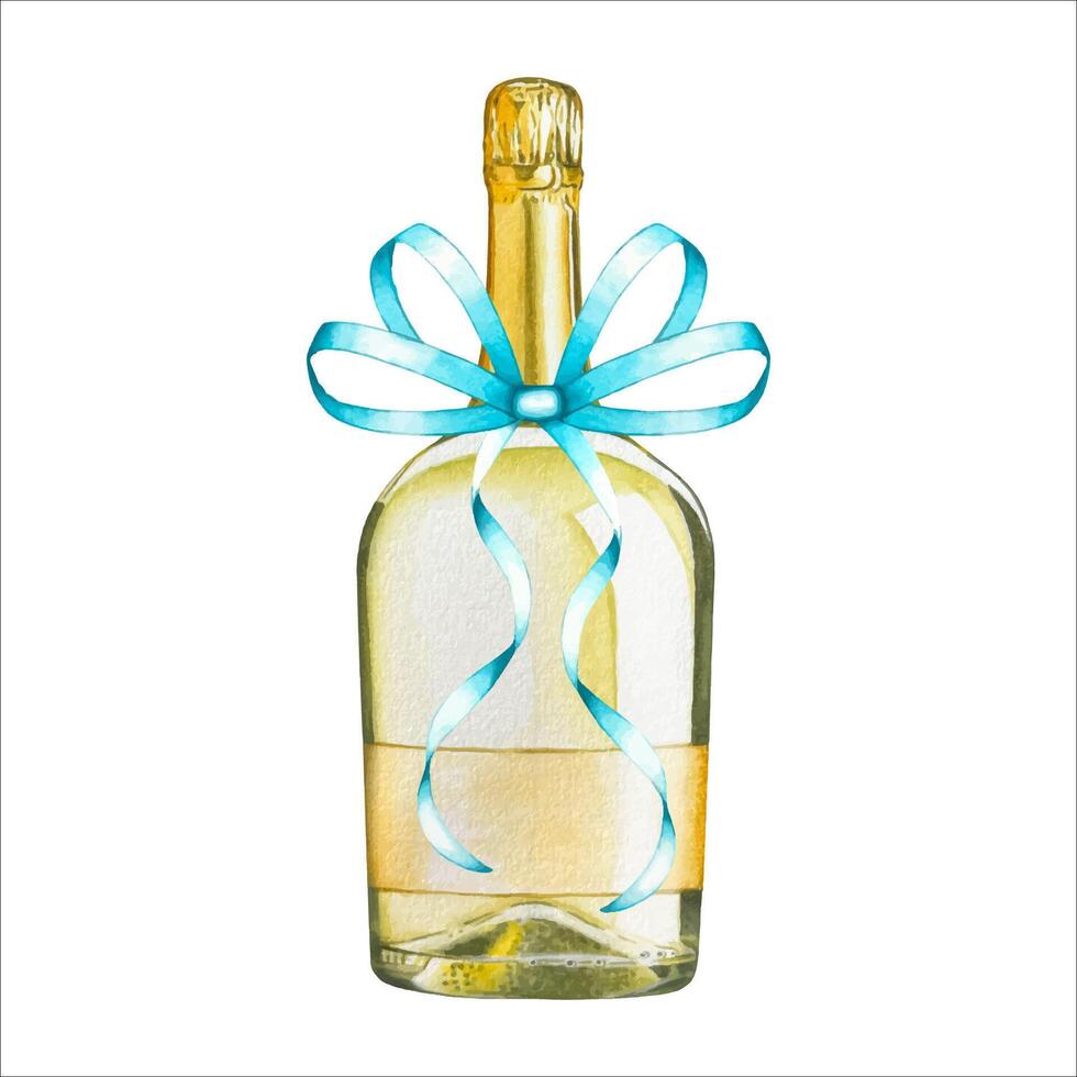 Hand drawn champagne bottle with blue bow. Watercolor illustration vector