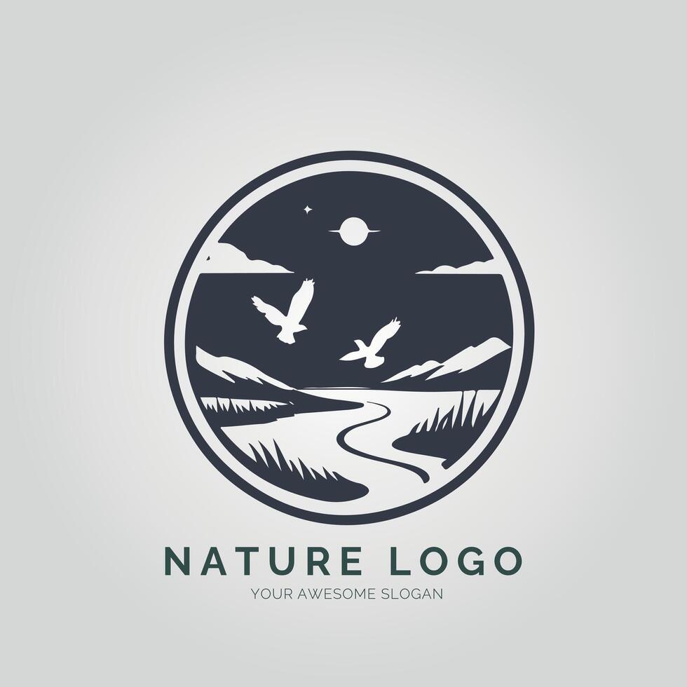 Nature logo design with birds flying over the river vector