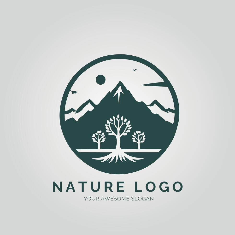Nature logo design with trees and mountains vector