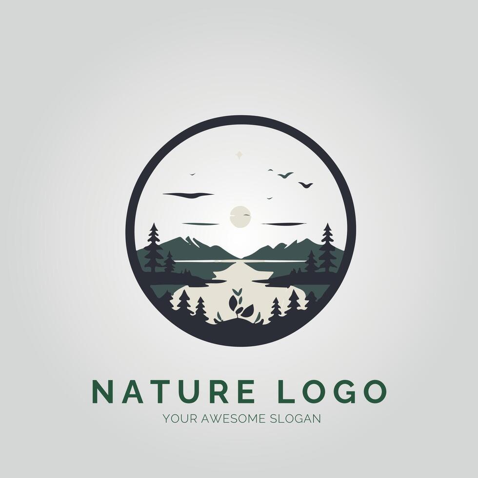 Nature logo design with a lake and trees vector