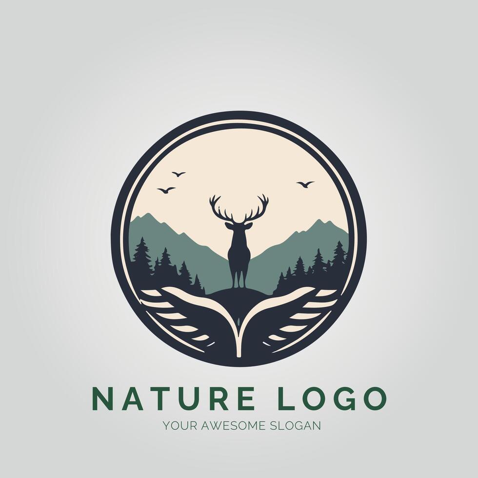 Nature logo design with deer and mountains vector