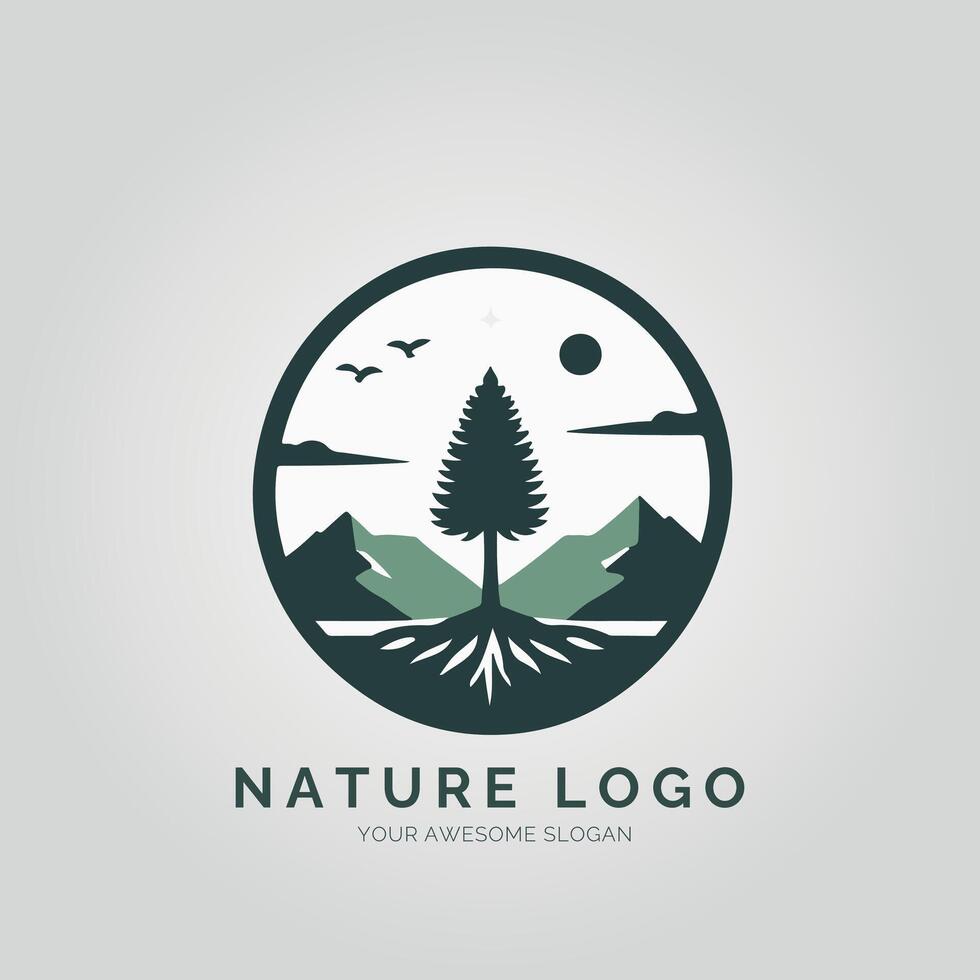 Nature logo design with a tree and mountains vector