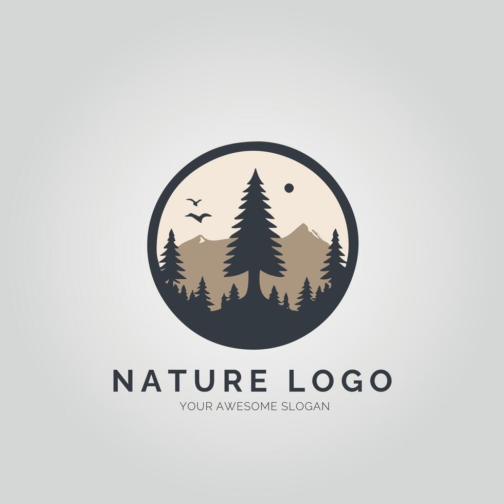 Nature logo design with pine trees and birds vector