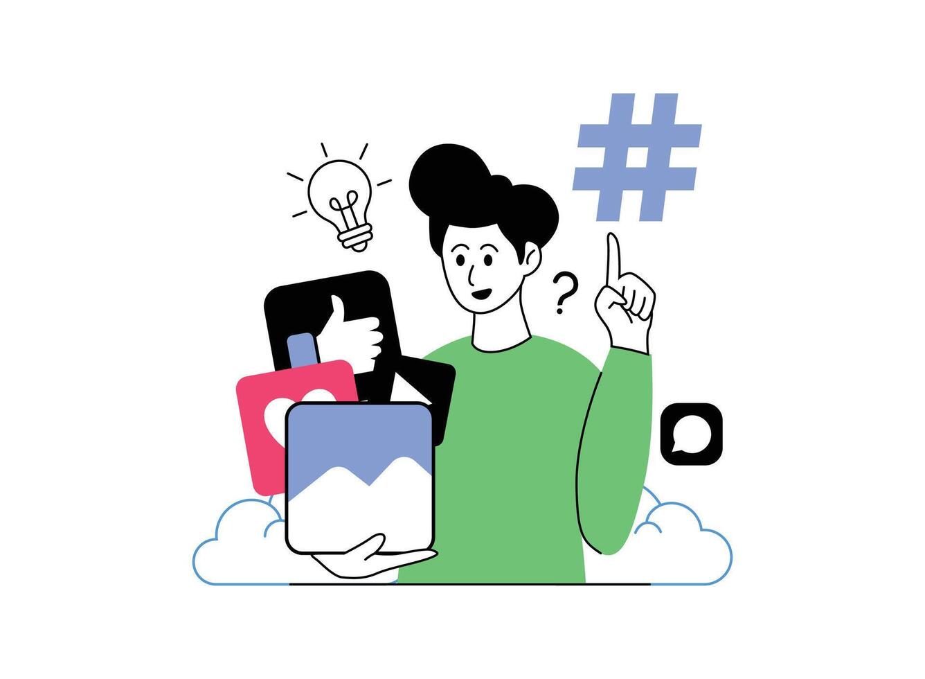 A young man holds a box filled with social media icons, looking confused about how to use them effectively. A lightbulb, a question mark, and a hashtag float nearby, symbolizing the challenges vector