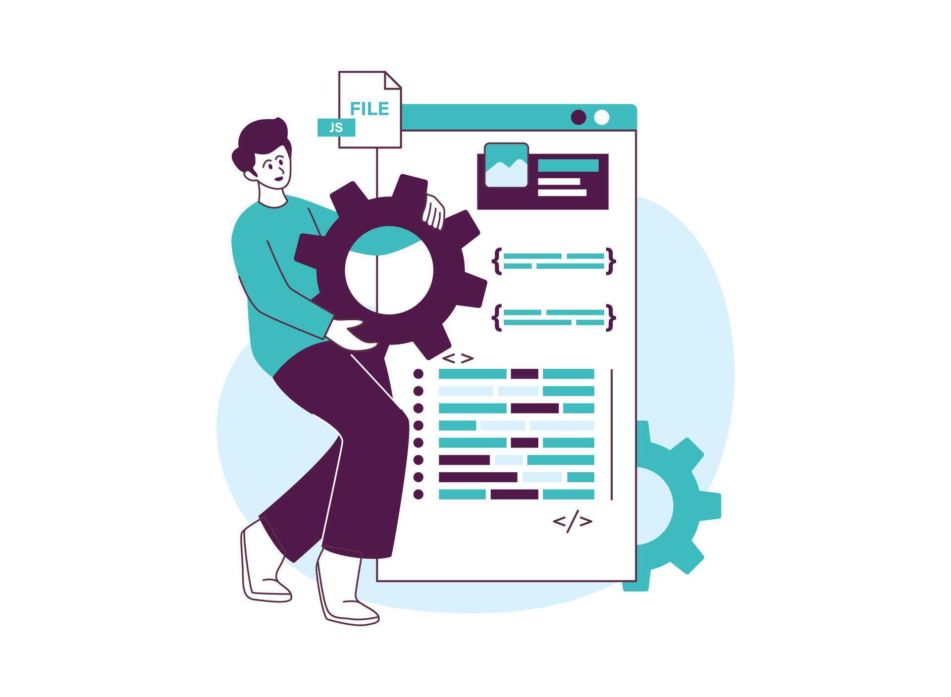 Programmer working on a JavaScript file, represented by a gear and code ...
