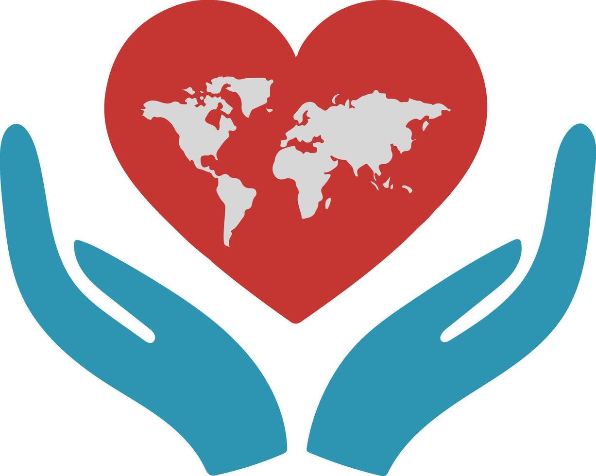 Red Heart in Blue Hands with World Map for World Kindness Day vector