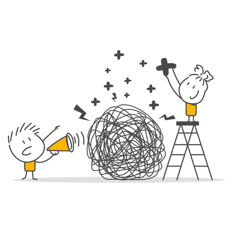 Stress management. Woman adding positive energy in chaos confusion line. reduce anxiety. vector