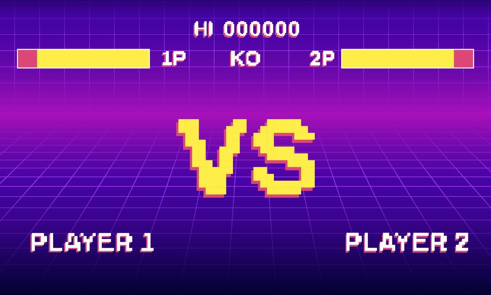 Fight retro game interface in blue style with yellow vs icon in pixel. vector