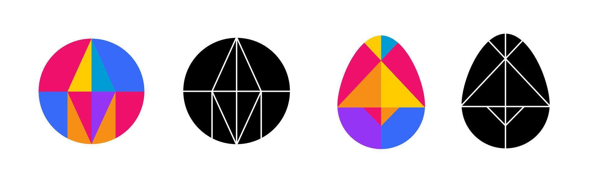 Tangram game egg and circle figures in colorful and black style. vector