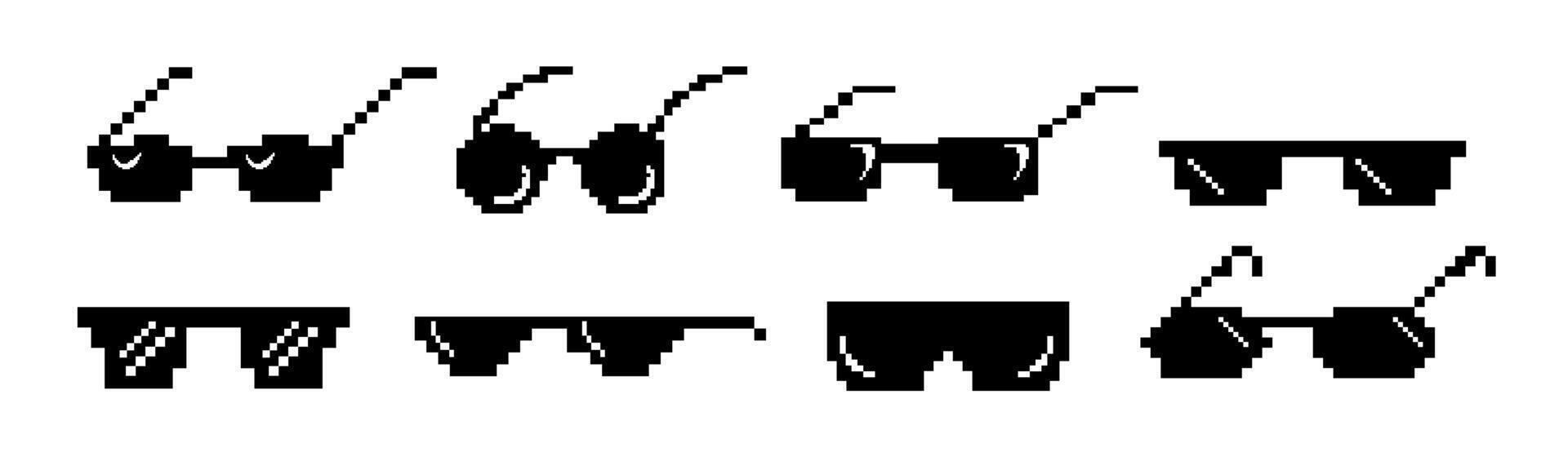 Set of black pixel sun glasses for cool memes. vector