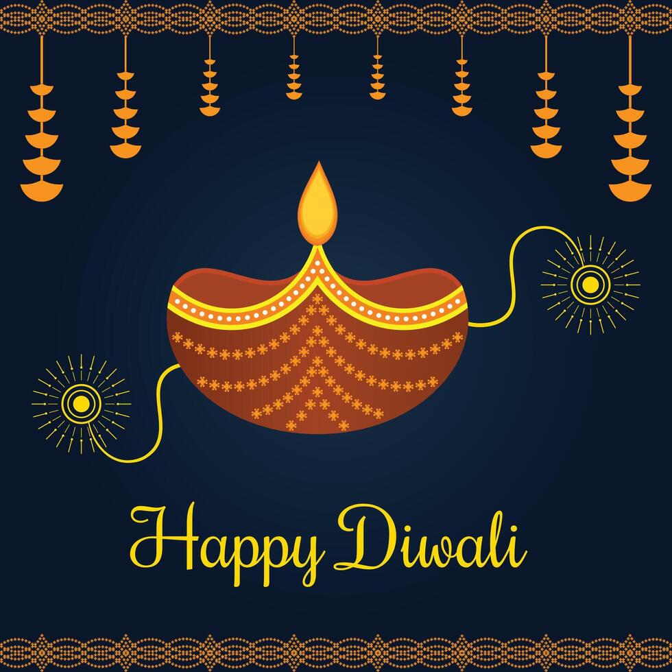 Greeting card of Diwali festival with stylish beautiful oil lamp and Diwali elements vector
