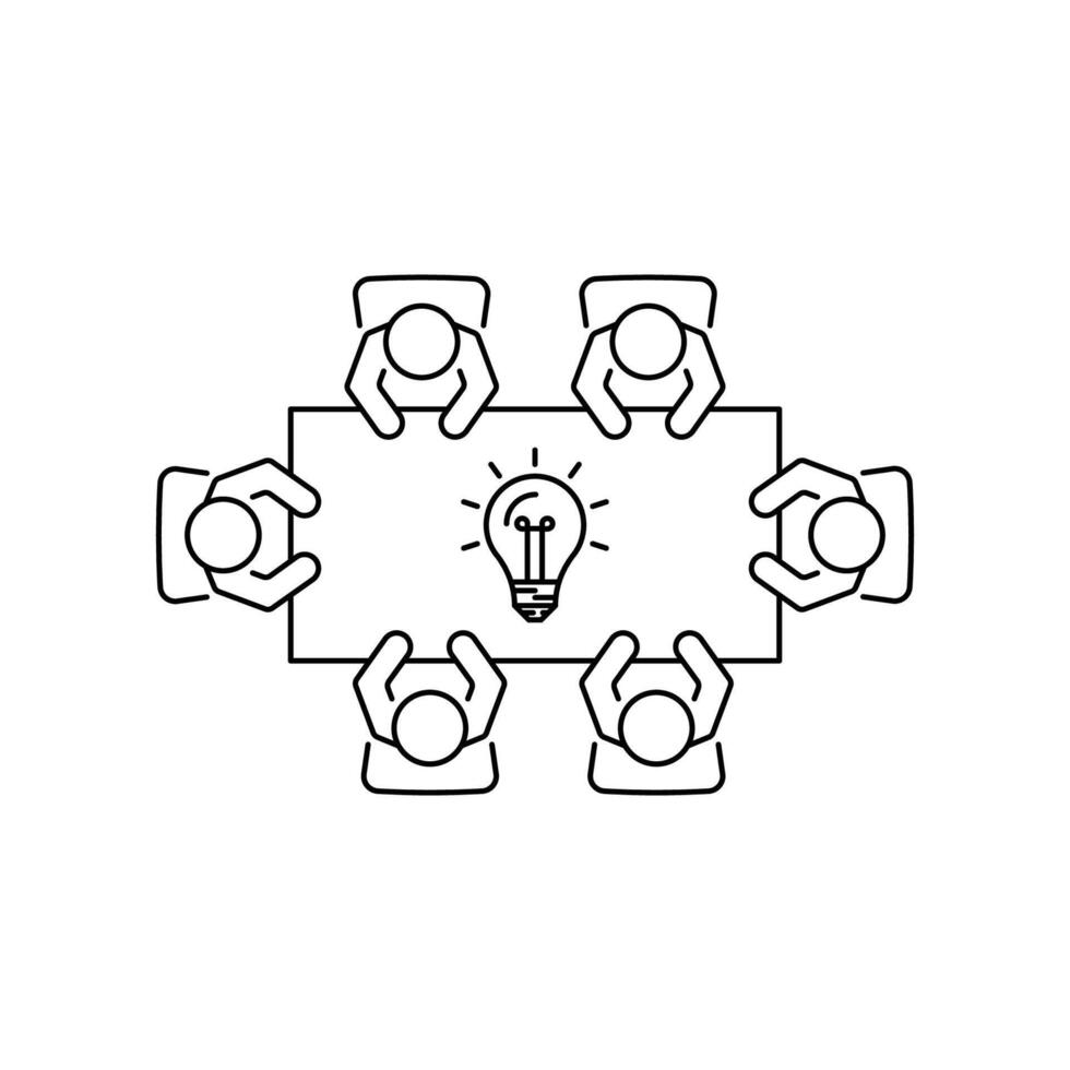 Brainstorming and teamwork icon. Business meeting. Group of six people in conference room sitting around a table working together on new creative projects. vector