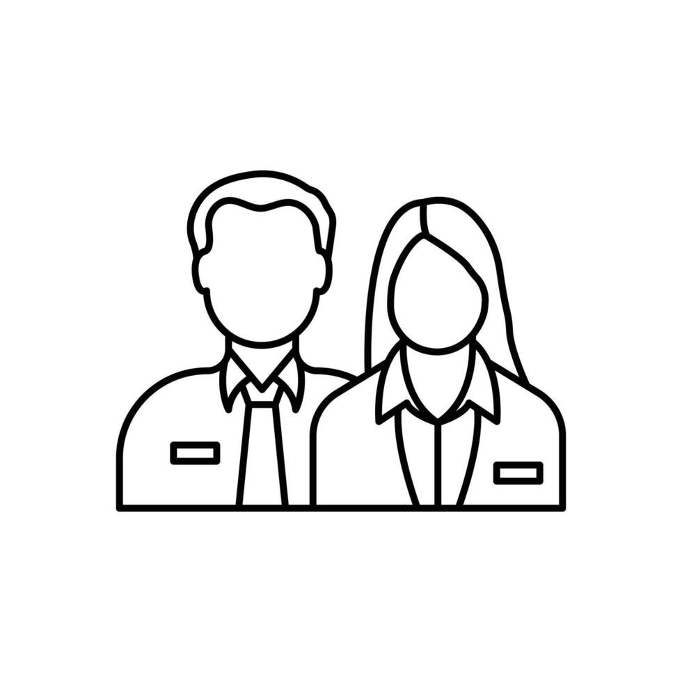 Company staff linear icon. Man and woman in uniform. Official business representatives. Thin line customizable illustration. Contour symbol. isolated outline drawing. vector