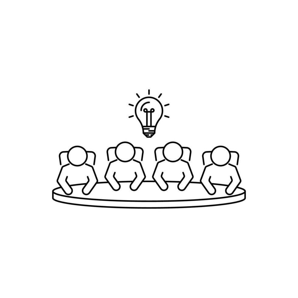 Brainstorming and teamwork linear icon. Business meeting. Discussion group. Debate team. Group of people in conference room sitting around a table working together on new creative projects. vector