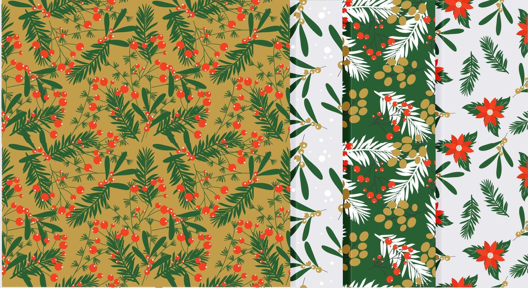 Seamless winter plants pattern set. Handdrawn design. vector
