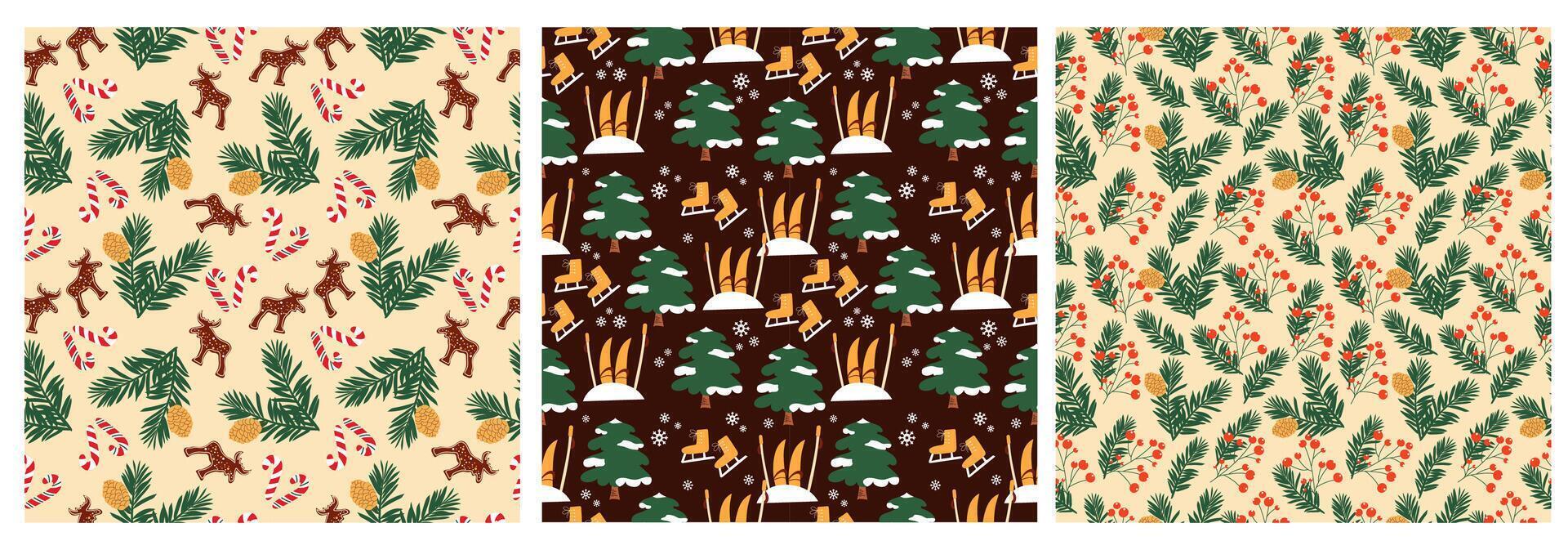 Winter seamless patterns set. Hand drawn Christmas design. vector